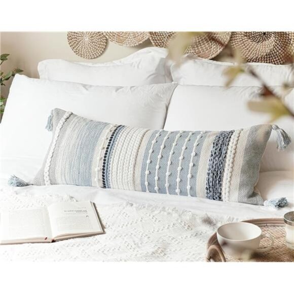 Coastal Blue Decorative Lumbar Pillow Cover 14x36 Boho Long Body - Picture 4 of 14
